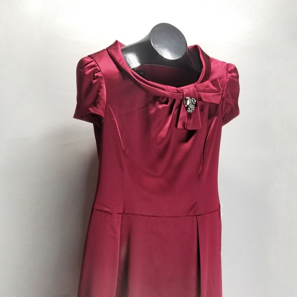 Jones New York Burghundy 50's Style Dress Petal Cut Cap Sleeve Vntg Brooch Sz 10